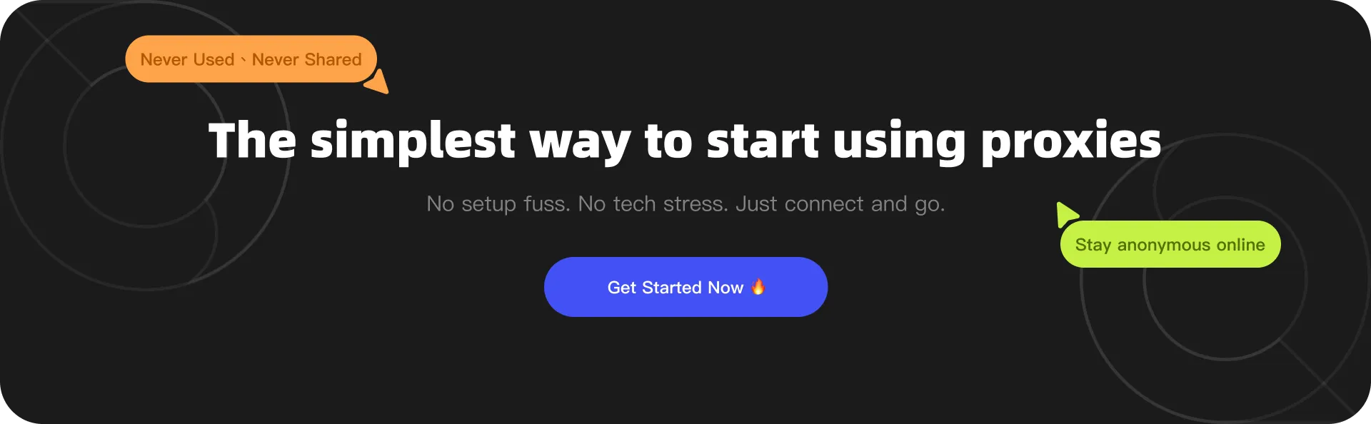 QuarkIP ad: Black panel with 'The simplest way to start using proxies' tagline, no-setup promise & blue 'Get Started Now' button