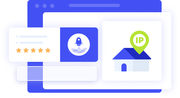 QuarkIP dynamic proxy: Left 5-star/lock/house icons, right shows real home IPs bypass geo-blocks/avoid bans/protect privacy